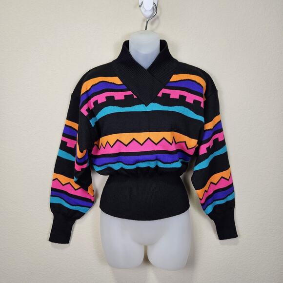 Vintage 1980s Tyrolia x HEAD Women Ski Sweater Wool Balloon Sleeve Stripe Crop S - Picture 1 of 15